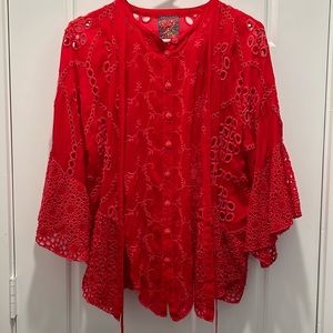 Johnny Was Xanthos Rae Red Eyelet Blouse